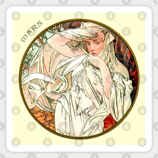 Art Nouveau March Calendar Alphonse Mucha Sticker by JoolyA